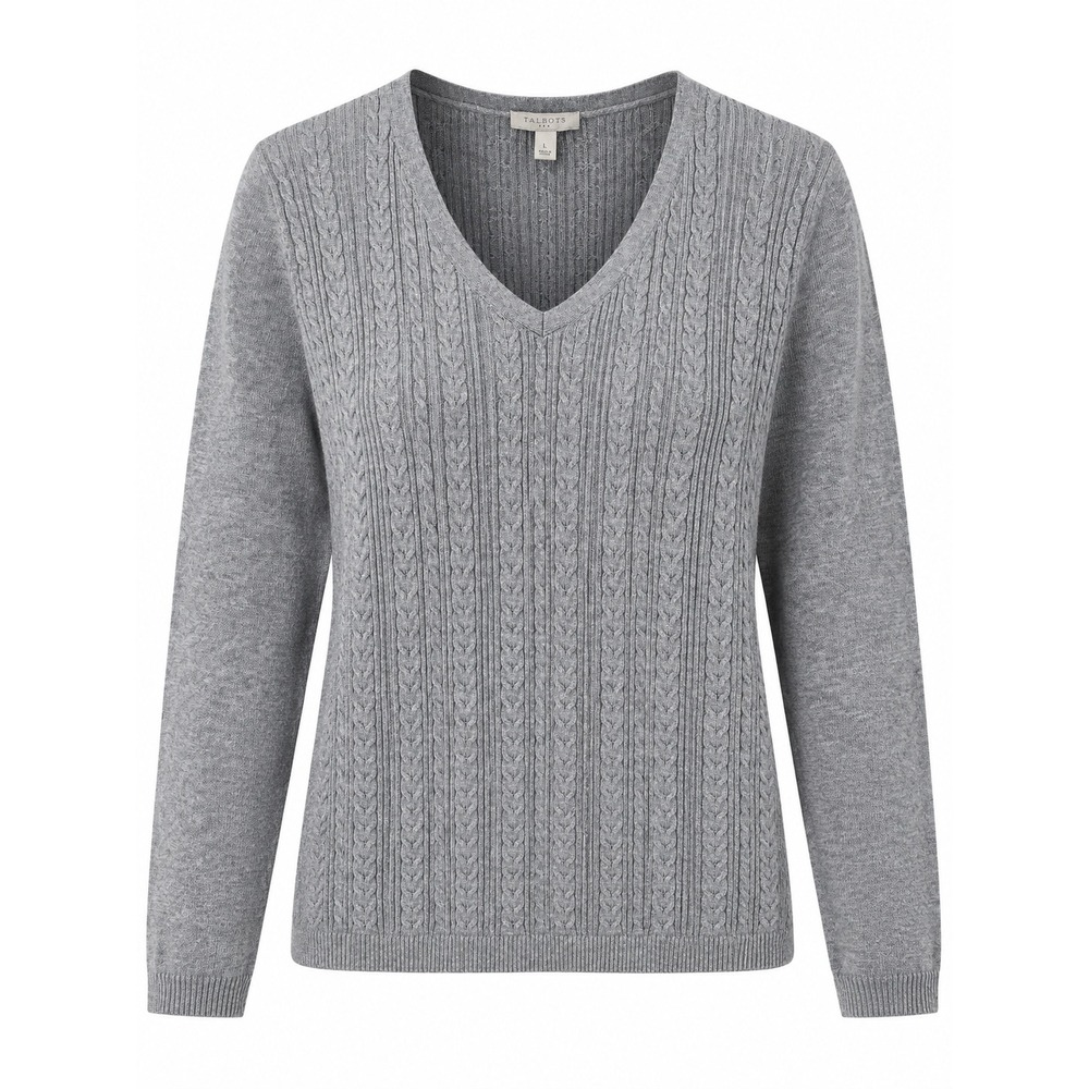 Talbots Gray Cable Knit V-Neck Sweater 100% Cotton Long Sleeve Size Large